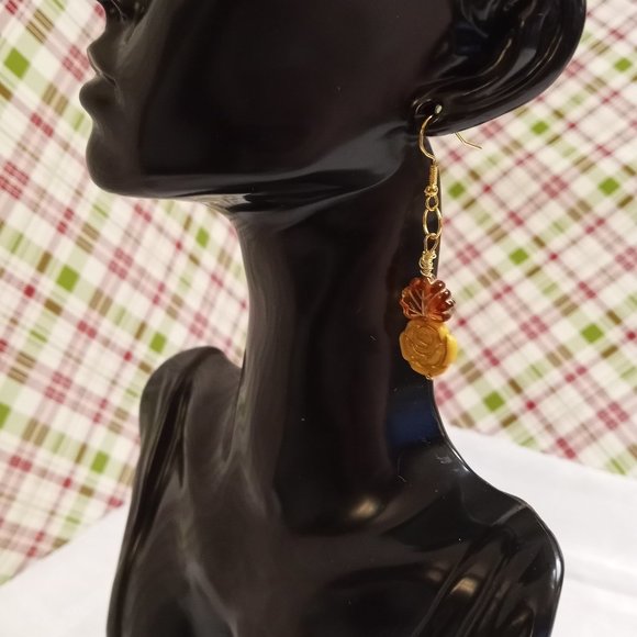 Steel Handmade Hand Crafted Leaf & Rose Beaded Dangle Earrings #55 - Picture 2 of 14